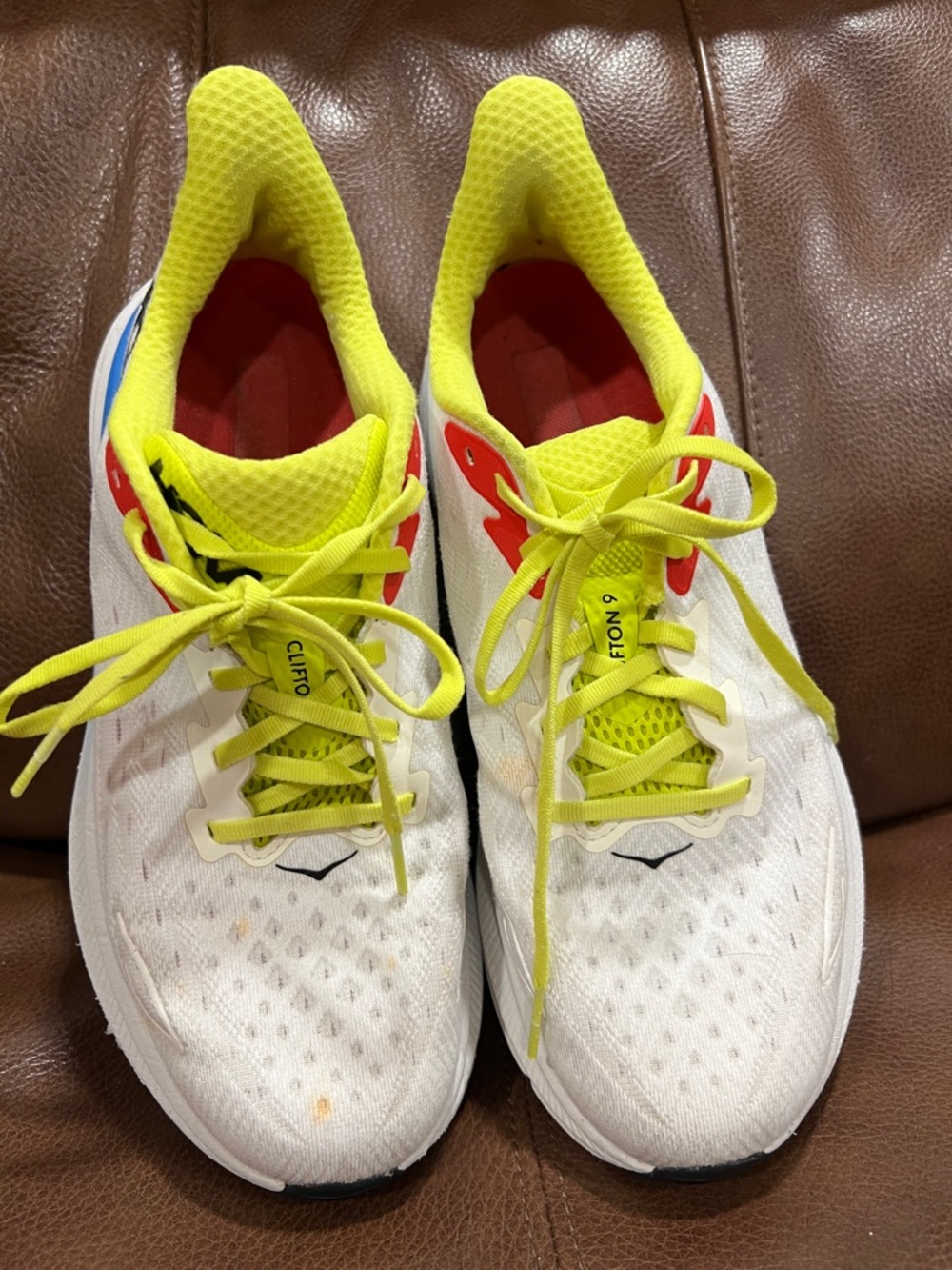 Hoka  Clifton White and Neon Yellow Mens Sneakers - Picture 10 of 15